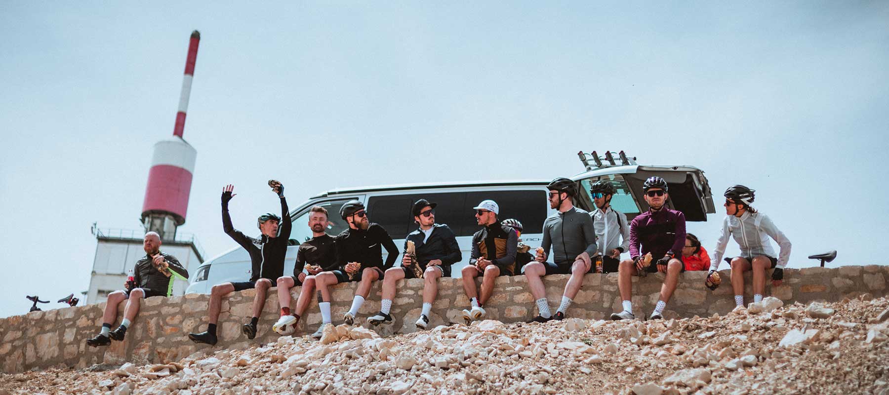 Road cyclist taking a lunch break at the top of Mont Ventoux after the climb